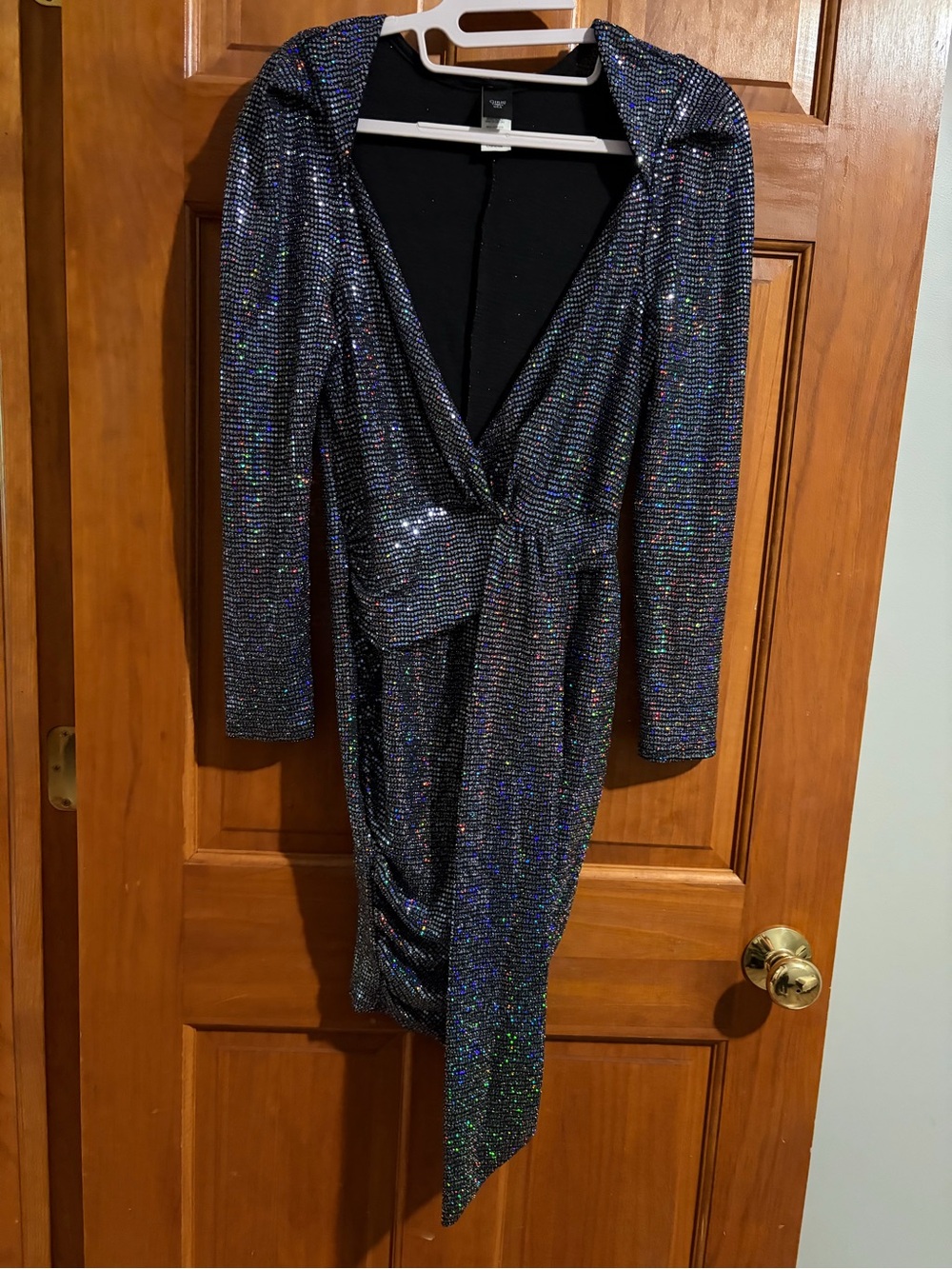 Iridescent Black Long Sleeve Wrap Dress with Asymmetric Hem